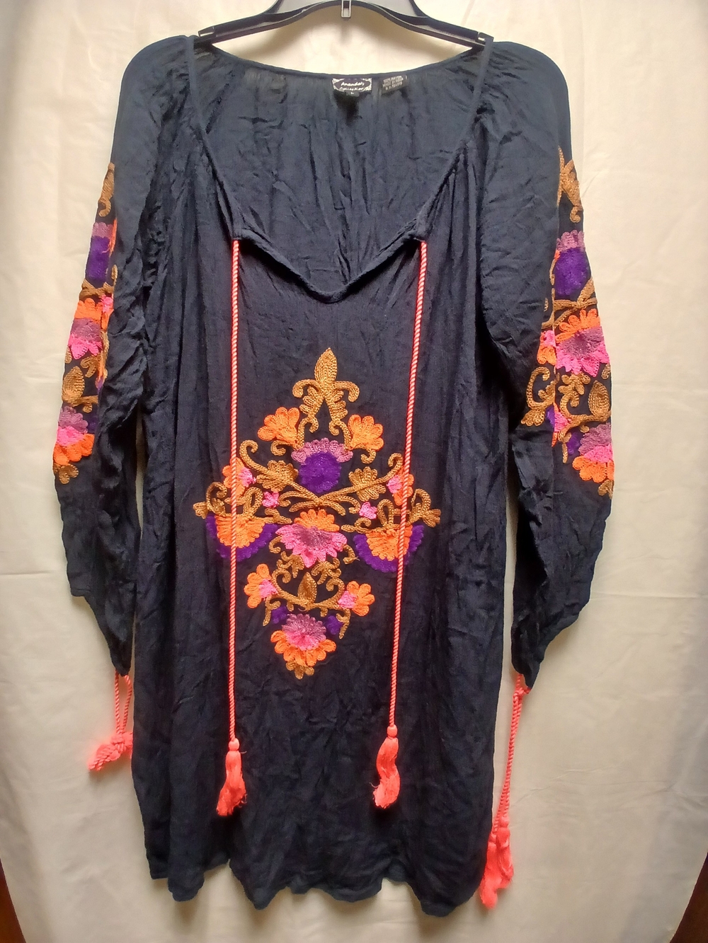 Ananda's Collection Embroidered Navy Peasant Tunic-Pink, Purple & Orange Accents